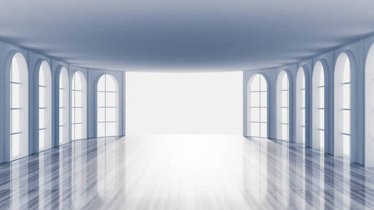 白色空旷的室内，带窗户的白色房间，背景。三维插图，三维渲染。