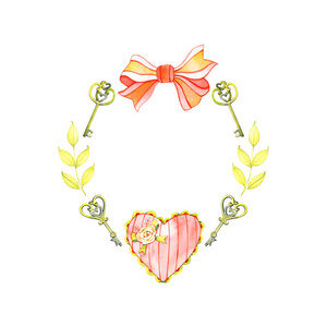 水彩手绘插画浪漫花环红黄枝红心。完美的情人节和婚礼装饰品。
