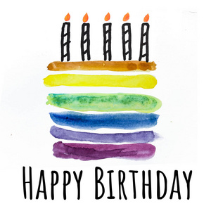 蜡烛蛋糕。水彩画。生日贺卡