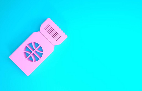 蓝色背景上独立的粉红色篮球比赛门票图标。极简主义概念。三维插图三维渲染