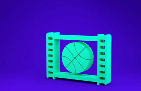 绿色篮球游戏视频图标隔离在蓝色背景上。极简主义概念。三维插图三维渲染
