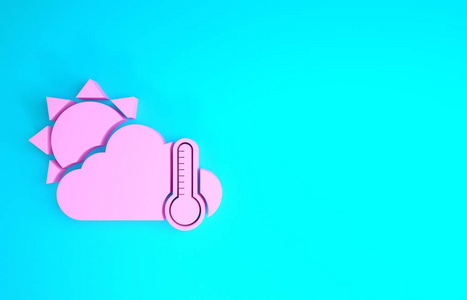 粉红色的温度计和蓝色背景上与太阳图标隔离的云。极简主义概念。三维插图三维渲染