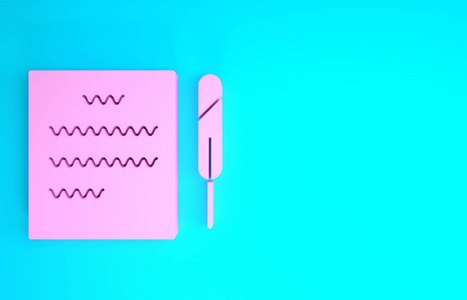 粉红色羽毛笔和纸卷轴图标隔离在蓝色背景上。极简主义概念。三维插图三维渲染