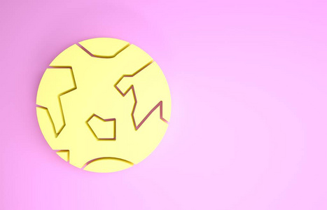 粉红色背景上孤立的黄色行星地球图标。极简主义概念。三维插图三维渲染