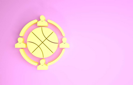黄色时钟内有篮球图标隔离在粉红色背景上。篮球时间。运动和训练。极简主义概念。三维插图三维渲染