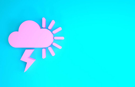 蓝色背景上隔离的粉红色风暴图标。多云有闪电和太阳星座。暴风雨的天气图标。极简主义概念。三维插图三维渲染