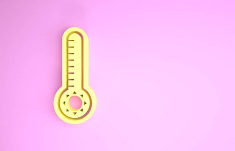 黄色气象温度计测量热和冷图标隔离在粉红色背景上。显示炎热或寒冷天气的温度计设备。极简主义概念。三维插图三维渲染