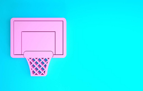 蓝色背景上独立的粉红色篮球篮板图标。极简主义概念。三维插图三维渲染