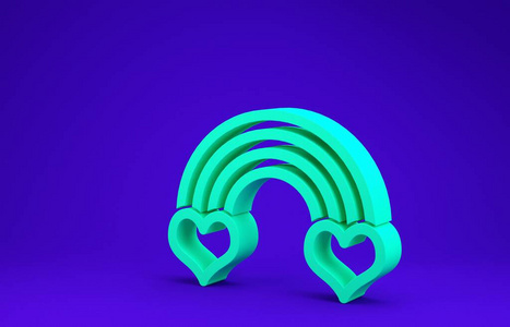 蓝色背景上隔离的绿色彩虹和心形图标。极简主义概念。三维插图三维渲染
