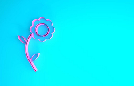 蓝色背景上隔离的粉红色花朵图标。极简主义概念。三维插图三维渲染