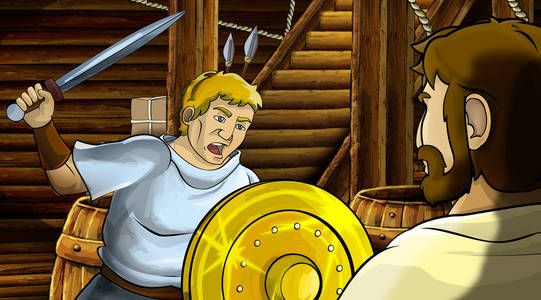 木制船舱内有罗马或希腊古文字的卡通场景，配有儿童金盾插图
