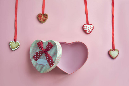 Valentines day dinner on pink background. View from above. 