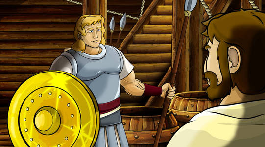 木制船舱内有罗马或希腊古文字的卡通场景，配有儿童金盾插图