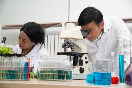 两位科学家正在实验室工作。年轻的女研究员和她的高级主管正在对实验室设备进行调查。