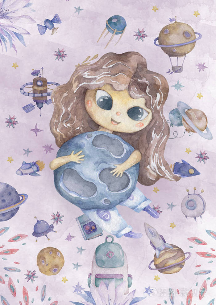 水彩画可爱的微笑女孩,棕色头发蓝色星球在太空飞行卡通彩色孤立插图