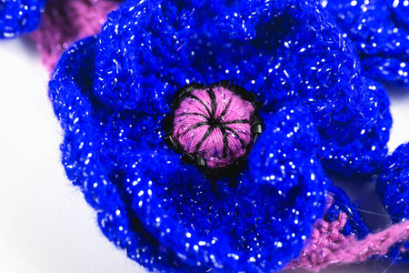  Festive handmade crocheted blue flowers, ribbon, roses, poppy c