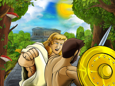 罗马城市插画城市道路上一些古建筑附近的罗马或希腊古文字卡通场景