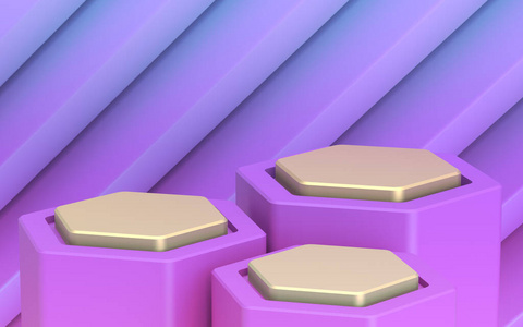 黄金三级展台.紫色远景图.美丽的抽象和奢华.三维插图照片