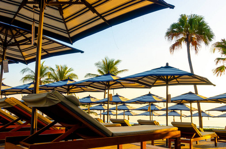 bedpool with umbrella around swimming pool in hotel resort 