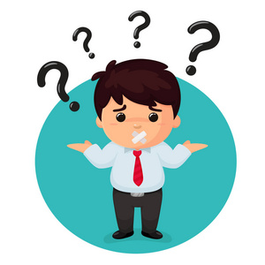 矢量卡通商业人士好奇的是头上有许多问号.照片