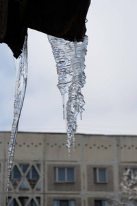 挂在住宅楼屋顶上的冰柱。危险的大冰柱在冬天会引起事故。冰柱正在落下。