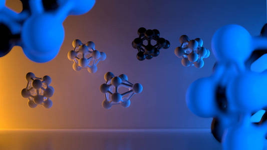 橙色和蓝色背景上的分子彩色插图。3d插图。浅自由度选择性聚焦宏镜头