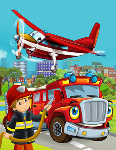 卡通场景，消防员车辆在道路上驶过城市，飞机飞过，消防员站在附近儿童插图