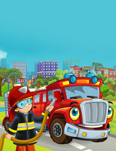 卡通场景消防员车辆在道路上驶过城市，消防员站在附近儿童插图