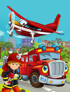 卡通场景，消防员车辆在道路上驶过城市，飞机飞过，消防员站在附近儿童插图