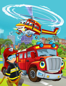 卡通场景，消防员车辆在道路上驶过城市，直升机飞过，消防员站在附近儿童插图