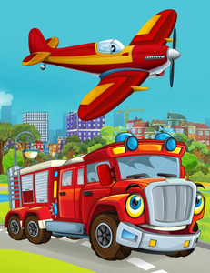 卡通场景，消防员车辆在道路上行驶，飞机在城市上空飞过儿童插图