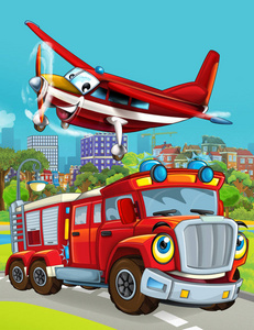 卡通场景，消防员车辆在道路上行驶，飞机在城市上空飞过儿童插图