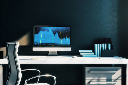 橱柜桌面内饰，电脑屏幕上有财务图表。股票市场分析和交易的概念。3d渲染。