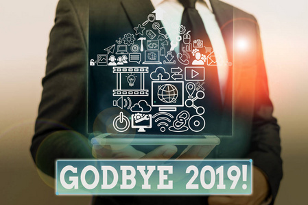 写明2019年再见的纸条。在临别时或去年年底时，展示商务照片表达美好祝愿。