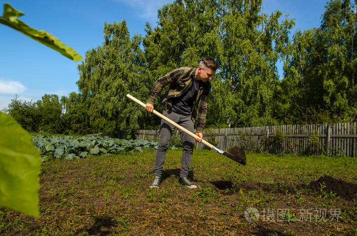 年轻人用铲子在花园里挖土