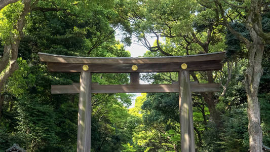 东京明治神社入口处的一扇都灵门的特写镜头