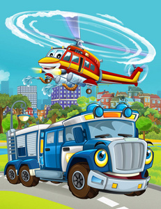 卡通场景，警车在路上，消防员直升机在飞行儿童插图