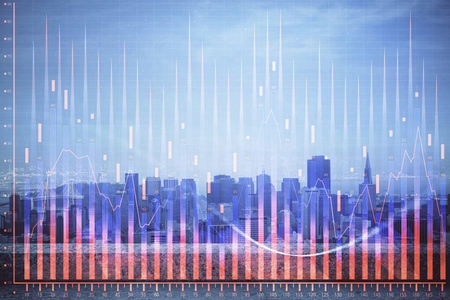 外汇图城市视图与摩天大楼背景多重曝光。财务分析概念。