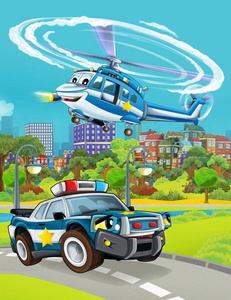 绘画比赛插画有警车在路上和直升机飞行的卡通场景-儿童插画照片