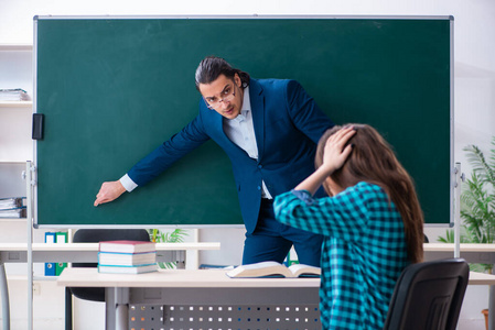 年轻帅气的老师和教室里的女学生