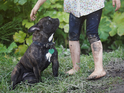 泥泥狗孩子的脚踩在泥里.狗照片