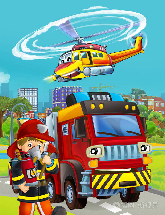 消防车在路上的卡通场景插图