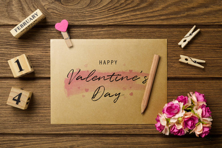 Mockup blank envelop on wood table for Valentines Day. Mock up 