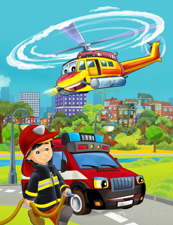 消防车在路上的卡通场景插图