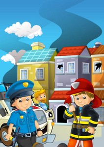 卡通舞台，消防队员在一些建筑烟雾附近灭火