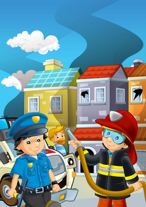 卡通舞台，消防队员在一些建筑烟雾附近灭火