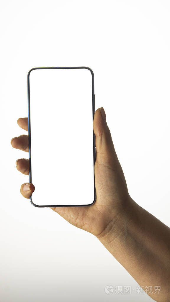 手持黑色智能手机白底黑屏