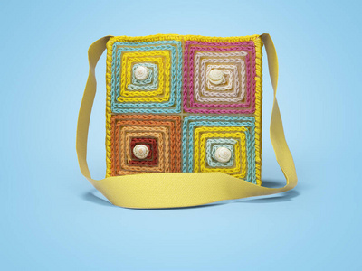 3D rendering yellow knitted bag for teenager on blue background 