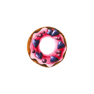 Watercolor donut with hearts and candies. Hand drawn illustratio