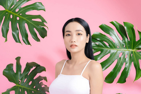 日本人 植物 越南人 美丽的 肖像 健康 棕榈 美女 粉红色